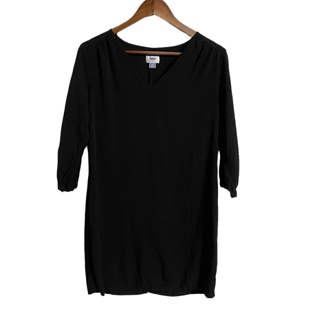 Old Navy Womens Black 3/4 Button Cuff Sleeve Vneck Neck Mini Shift Dress Medium